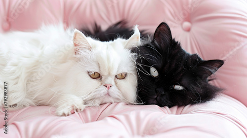Black and white Persian cats snuggling together. lying on the pink sofa