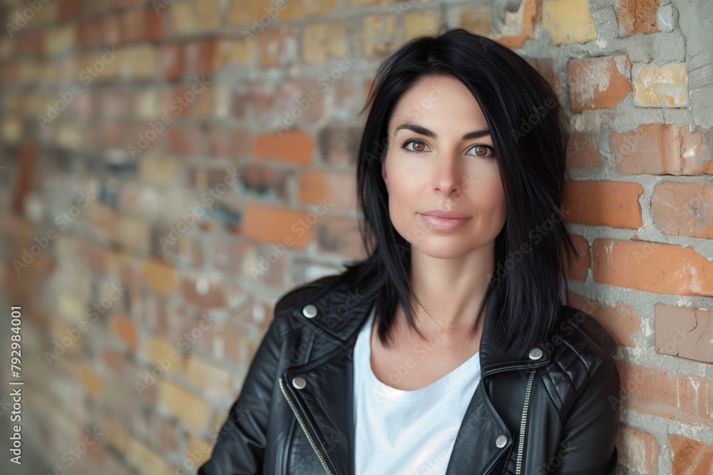 A woman with short hair is wearing a black leather jacket and a white shirt A woman with short hair is wearing a black leather jacket and a white shirt