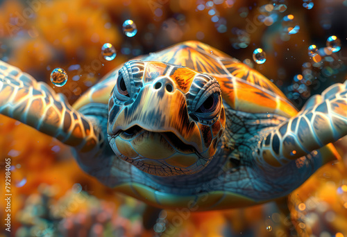 A close-up of an underwater photo of a sea turtle on a coral reef. Created with Ai © Design Dockyard