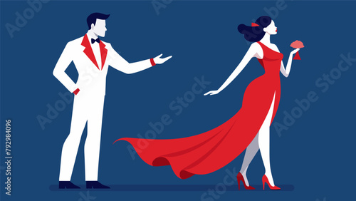 A gentleman in a crisp white suit holds out his hand to his date a vision in a stunning red tail dress with a dramatic highlow hemline. Her matching.