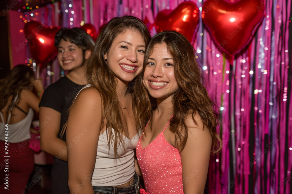 Two women are smiling and posing for a picture in front of a pink backdrop