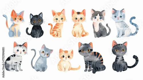 Watercolor cats doodle modern set. Cartoon cat or kitten characters design collection with flat colors in different poses. Set of purebred pet animals isolated on white.