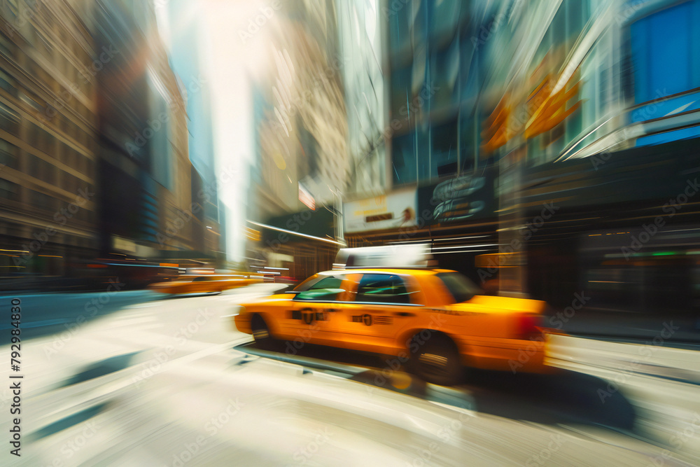 A blurry yellow cab rushes through a city of skyscrapers. Fast city cab