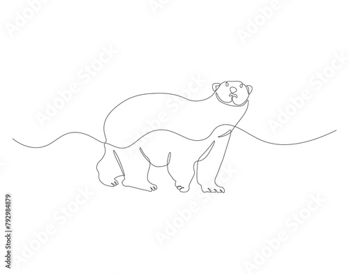 Continuous line drawing of polar bear. One line of polar bear. Antarctic animal concept continuous line art. Editable outline.
