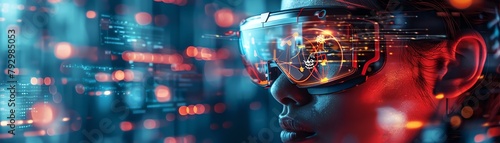 A person with augmented reality glasses, visualizing cyber threats and deploying shields photo