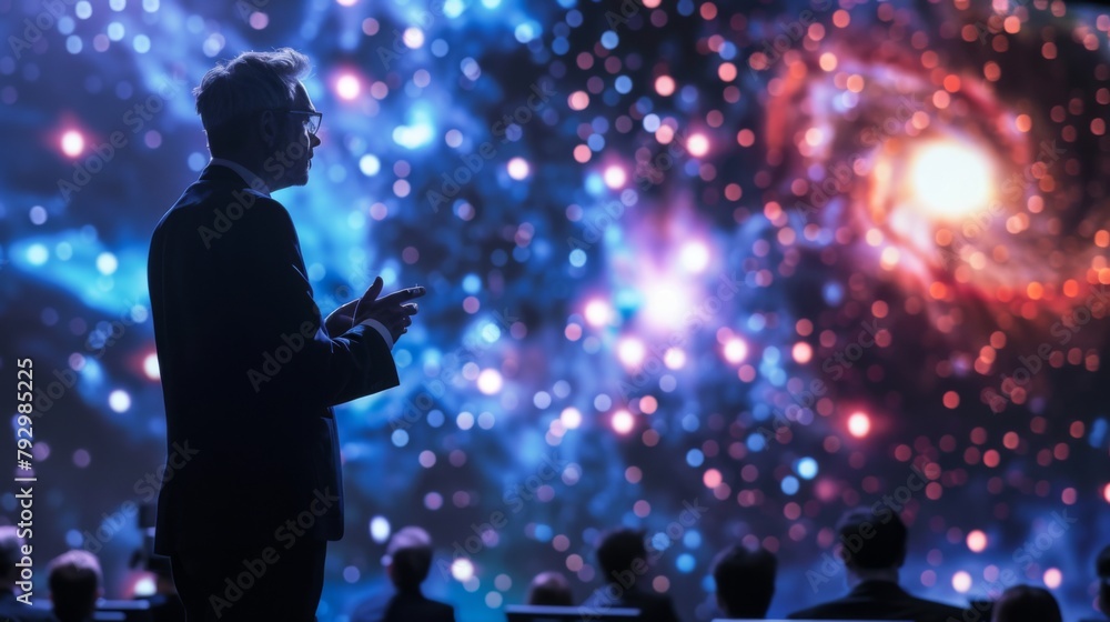 An astrophysicist presenting groundbreaking research findings at an international conference