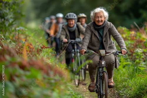 Elderly woman leads a group of cyclists with a beaming smile, enjoying a bike ride in a lush green environment