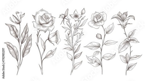 Hand drawn botanical illustration design for logos, weddings, invitations, home decor. Collection of foliage, leaves, flowers, roses, and lilies in line art.