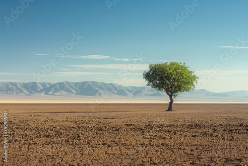 Solitary tree standing amidst a barren desert landscape.