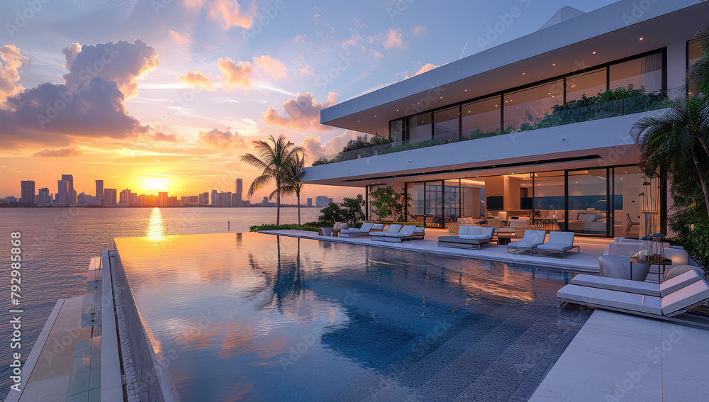 A modern, luxury mansion with infinity pool and view of the Miami skyline at sunset. Created with Ai