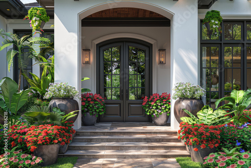  A luxurious front door surrounded by lush greenery and vibrant flowers  inviting guests into an elegant home. The entrance is adorned with potted plants in large planters. Created with Ai