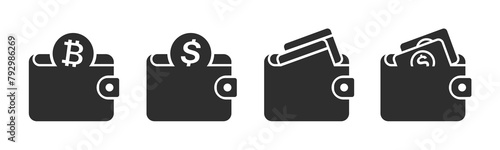 Wallet icon set. Purse plugh for crypto payment. Digital wallet with bitcoin coin, billfold and cards. Vector illustration.