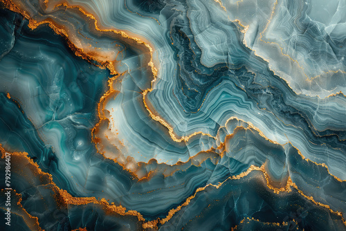 A top-down view of an intricate pattern of swirling emerald and gold agate patterns, creating the illusion that it is flowing like liquid metal in motion. Created with Ai photo