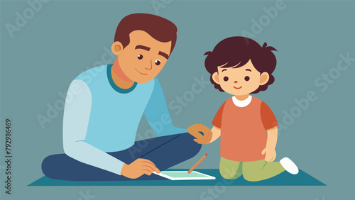 A parent and child sitting side by side carefully adding intricate details to a family portrait on a large canvas.