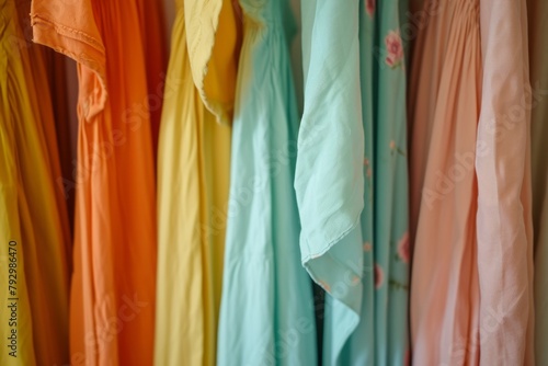 Clean, ironed dresses on a hanger in a store or at home in a light wardrobe. Clothing store concept for sale 