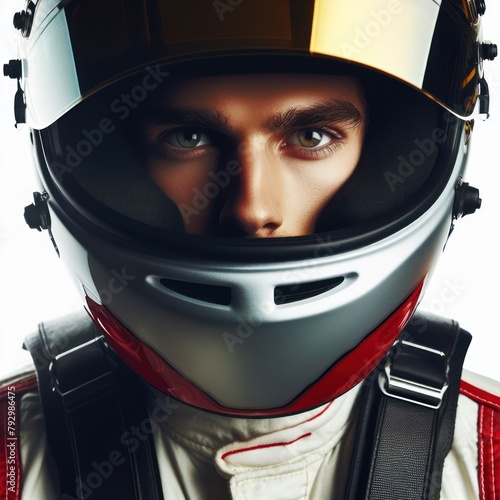 racer in a helmet close up isolated on a black background © Ольга Лукьяненко