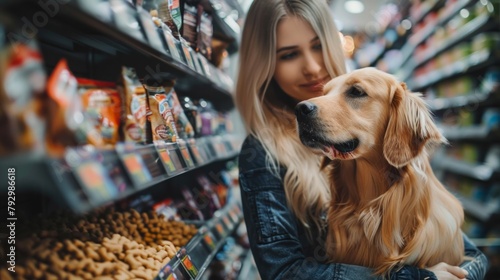 Portrait of positive woman with dog during shopping dry food in petshop