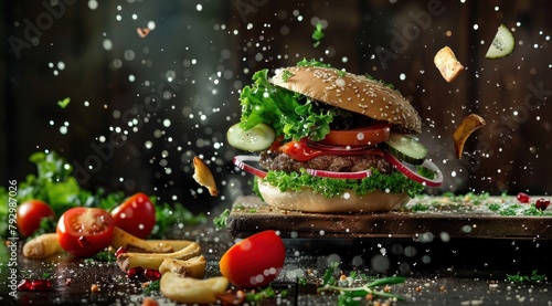 Hamburger volant avec éclaboussures et ingrédients, sur une table en bois, publicité alimentaire. photo