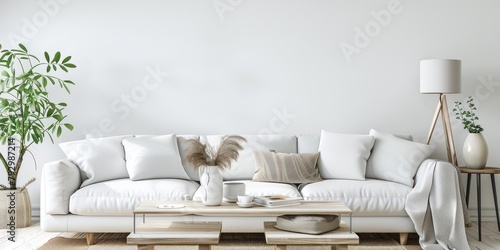 Salon minimaliste avec canapé, sol en bois, couleur blanche, lumière naturelle provenant de la fenêtre, plante dans le coin, décoration d'intérieur élégante, image avec espace pour texte. photo