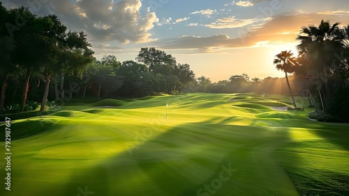 Scenic Golf Course Illuminated by Beautiful Lighting. Concept Golf Course, Night Photography, Landscape, Lighting, Scenic Beauty