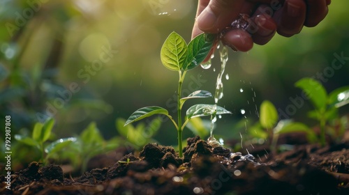 Close-up of a hand gently watering a newly planted sapling, aiding its growth photo