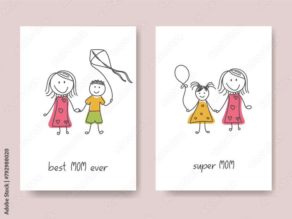 Happy Mother's Day greeting cards set. Cute happy mother daughter son doodle illustration. Kids cartoon drawing. Best mom ever, super mom hand lettering. Happy family Happy Mother's Day greeting cards set. Cute happy mother daughter son doodle illustration. Kids cartoon drawing. Best mom ever, super mom hand lettering. Happy family