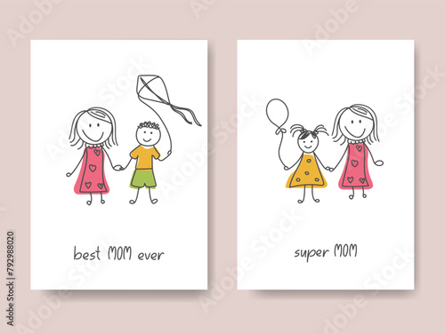 Happy Mother's Day greeting cards set. Cute happy mother daughter son doodle illustration. Kids cartoon drawing. Best mom ever, super mom hand lettering. Happy family