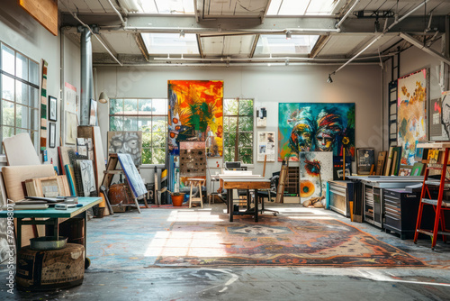 Artistic studio space with an eclectic mix of furniture, vibrant wall art.