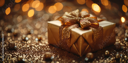  A golden gift box with ribbons and bow, adorned with glittering lights in the background. Created with Ai
