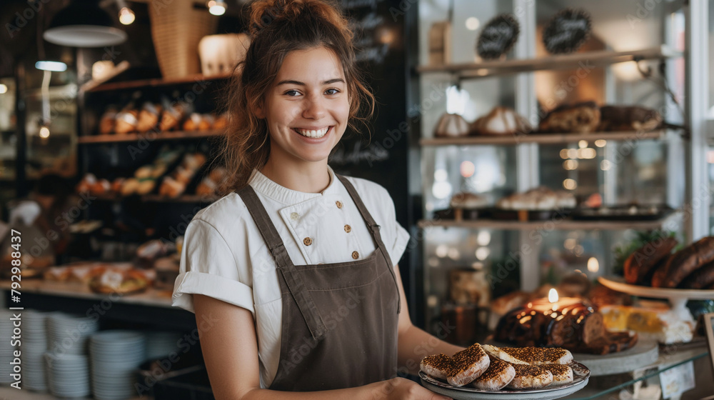 Smiling baker presenting a plate of sugared pastries in a charming bakery