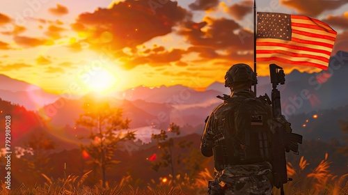 Soldier and USA flag on Sunrise Background  Happy Memorial Day  concept Holiday