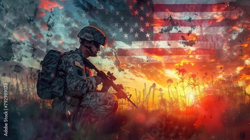 Soldier and USA flag on Sunrise Background, Happy Memorial Day, concept Holiday