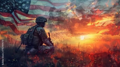 Soldier and USA flag on Sunrise Background, Happy Memorial Day, concept Holiday