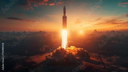 Computer-generated Rocket Launch Symbolizing High Ambition. Concept Science Fiction, Technology, Space Exploration, Inspiration, Innovation