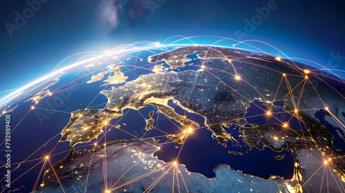 A globe with interconnected lines and nodes representing global business networks and supply chains, highlighting the interconnected nature of the modern business world