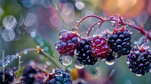 Close-up of water droplets forming a dazzling crown atop a cluster of blackberries