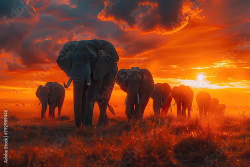 A herd of elephants on the African savannah at sunset. Created with Ai © Artistic Assets