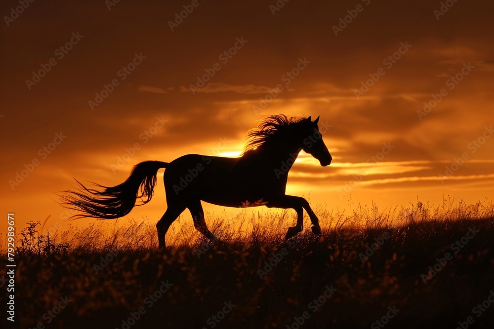 Dusk Run Lone Paint Horse Silhouetted Against a Fiery Sunset Freedom and Beauty in Motion