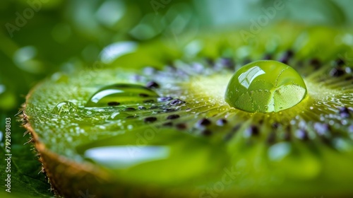 Crisp focus on a pristine water droplet adorning a luscious green kiwi