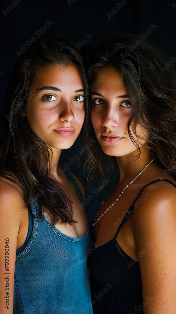 Obraz premium Two Beautiful Women Posing Together, Black Background