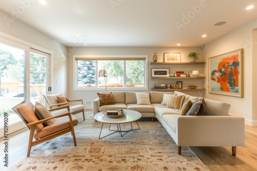 Scandinavian living room with clean lines  neutral tones.