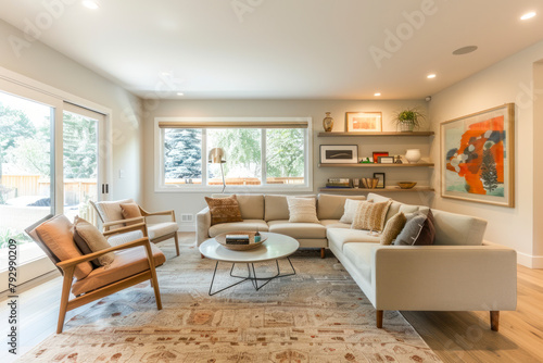 Scandinavian living room with clean lines, neutral tones.