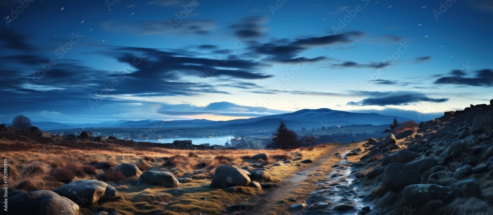 Dawn in the mountains. Panoramic view of the autumn landscape.