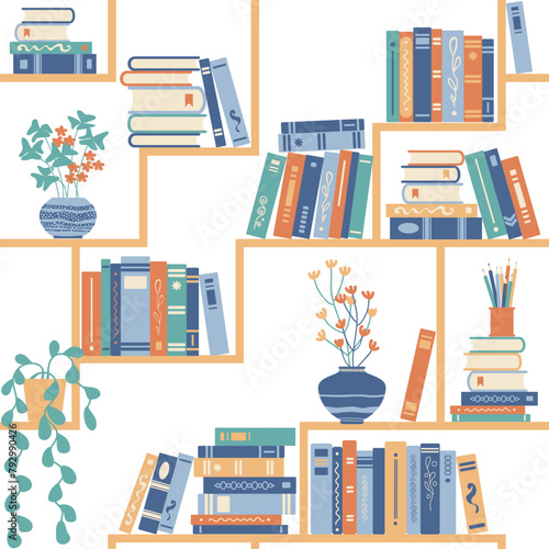 Books on shelves seamless pattern. Bookcase or bookshelves library or bookstore background.