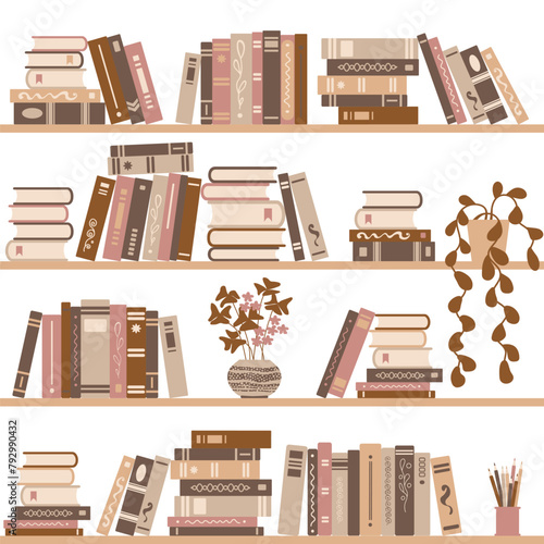 Books on shelves seamless pattern. Bookcase or bookshelves library or bookstore background.