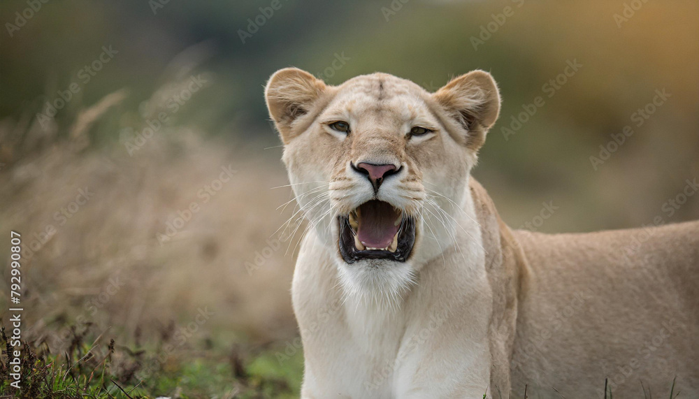 Fototapeta premium Lioness displays dangerous teeth during light