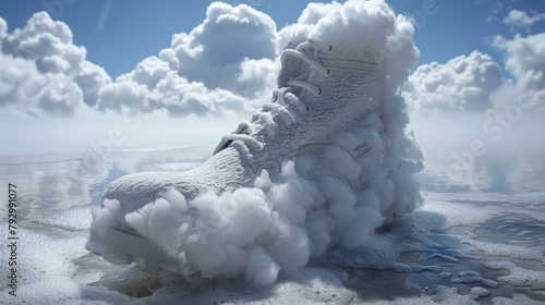 Illustrate a whimsical image of clouds shaping into a pair of dancing shoes, with laces tied and soles tapping out photo