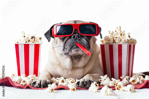 A pug, decked out in 3D glasses, enjoying a cinematic experience, surrounded by popcorn and soda, isolated on a white backdrop photo