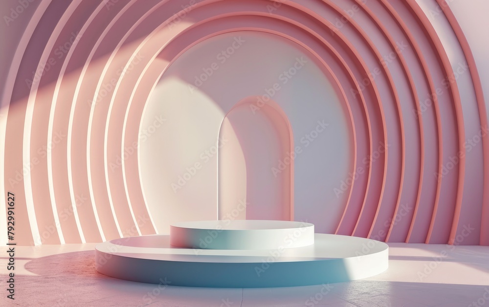 Minimalist blue stage pedestal for product display podium with pink pastel geometric circle overlap background. 3D showcase display product