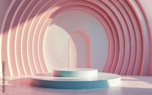 Obraz na płótnie Minimalist blue stage pedestal for product display podium with pink pastel geometric circle overlap background. 3D showcase display product w salonie
